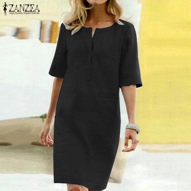 ZANZEA Đầm Nữ Tay Ngắn Có Túi Thời Trang Quyến Rũ Cho Nữ