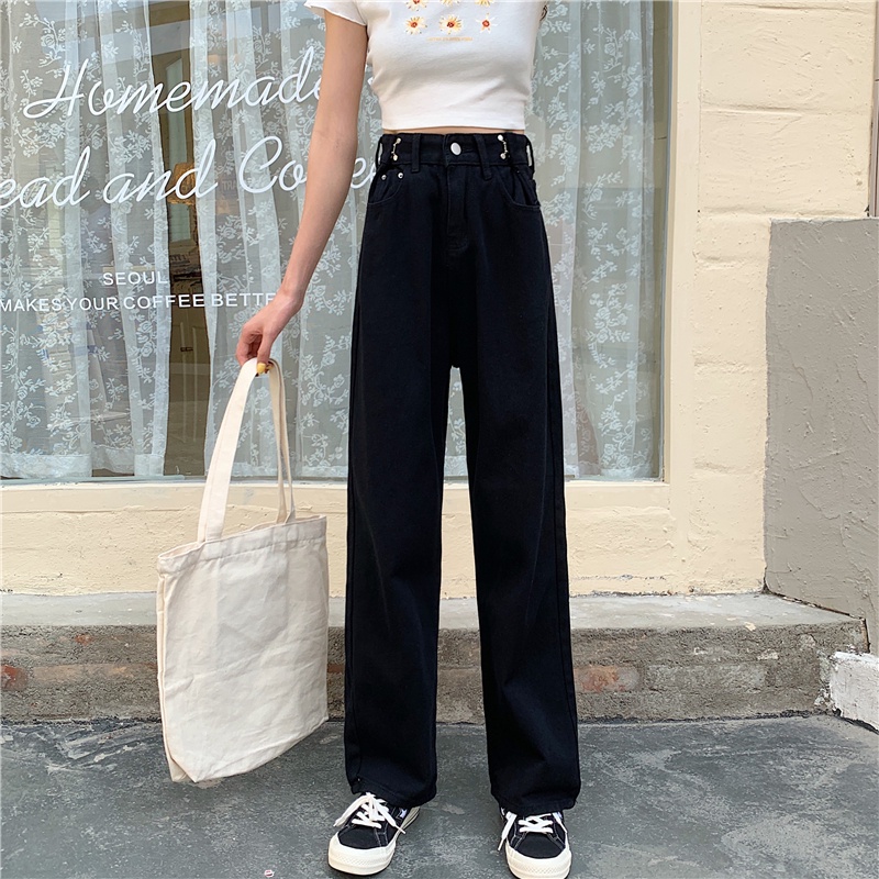 Quần jean SUXI lưng cao ống rộng màu trơn phong cách cổ điển thời trang xuân hè cho nữ