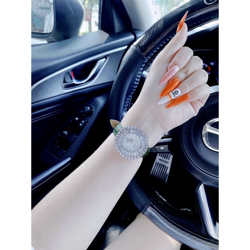 Đồng hồ nữ dây da, đồng hồ nữ chính hãng ROYAL CROWN đính kim cương nhân tạo Swarovski siêu cao cấp dây xanh lá cực đẹp