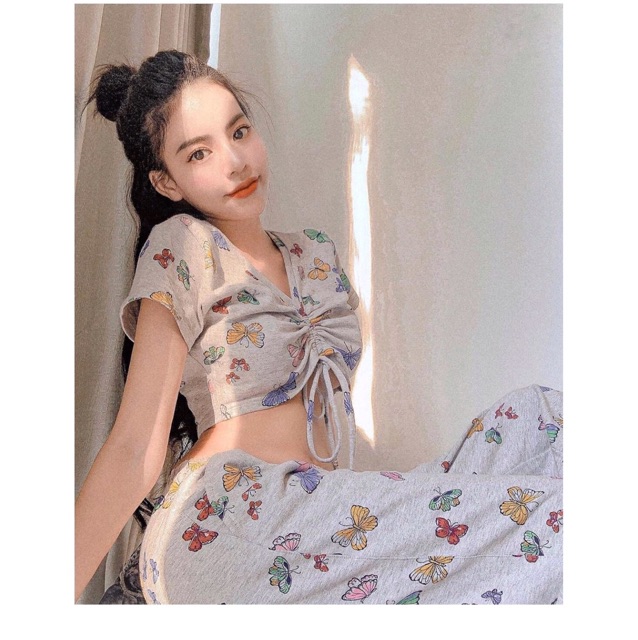 Set Butterfly Bướm CropTop Dây Rút+ Quần Long Pant Kèm Ảnh Thật