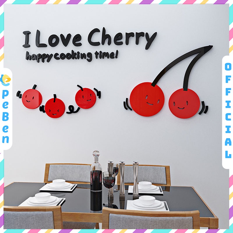 Tranh dán tường mica 3d decor khổ lớn những trái cherry vui vẻ trang trí phòng bếp Nhiều Size - EPeBen