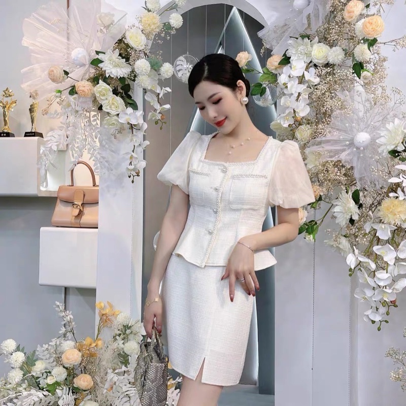 SET ÁO DẠ TAY PHỐI VOAN PEPLUM XOÈ NHẸ NÚT CỔ VIỀN REN + CHÂN VÁY XẺ