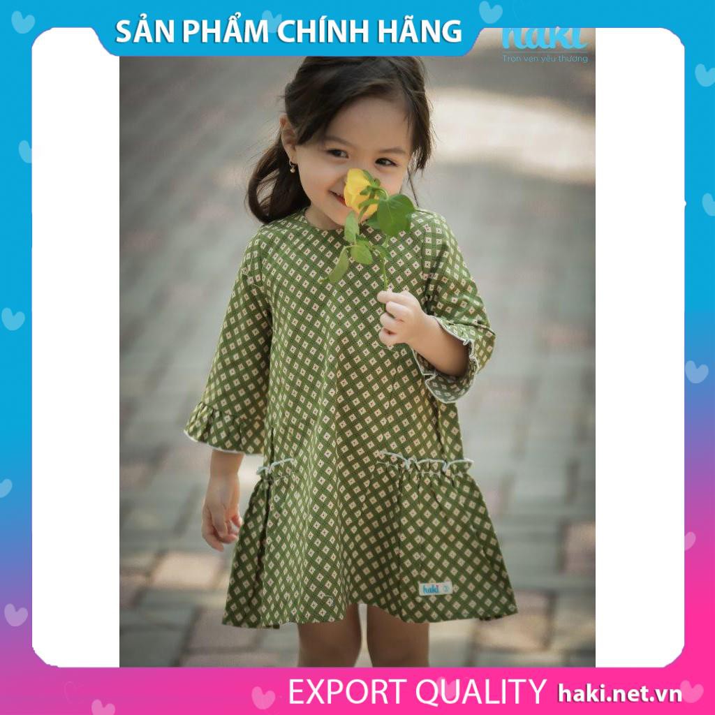 Váy bé gái thô nhún sườn hai tầng-HK494 Haki (Xanh hoa nhụy đỏ)