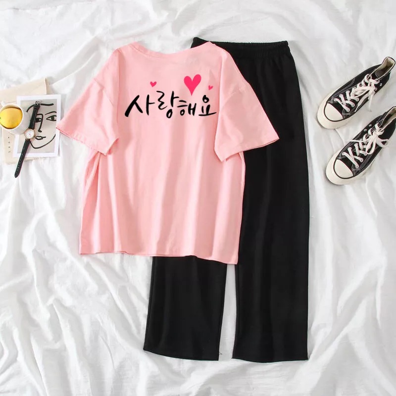 Sét Áo phông chữ hàn + quần suông trơn, Áo thun from rộng, Chất đẹp không xù, Sét bộ mặc ở nhà - MODY