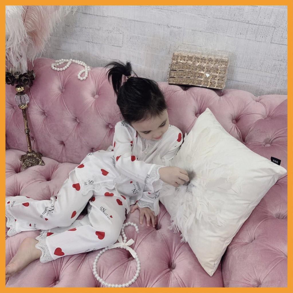 Bộ Ngủ Pijama Lụa Satin Viền Ren Hình Tim Cho Bé Gái 7-35Kg - Babi mama