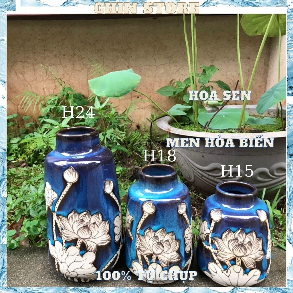 Bình hoa decor, lọ hoa gốm sứ BÁT TRÀNG set bộ 3 vai vuông men cao cấp họa tiết vẽ tay nhiều mẫu H24,H18,H15