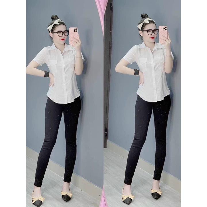 set xinh áo sơ mi nắp túi tay ngắn quần legging đen dài