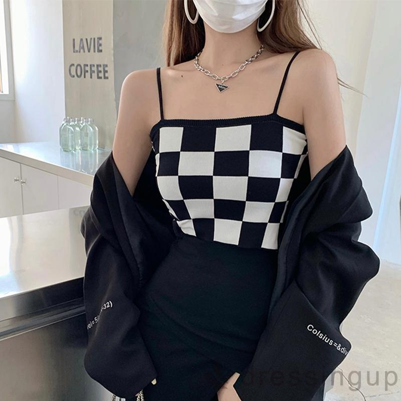 Áo lửng hai dây họa tiết ca rô đen/nâu thiết kế thời trang cho nữ