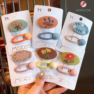 Set 2 Kẹp Tóc Thêu Hoa Và Kẹp Bấm Tóc Màu Macaroon