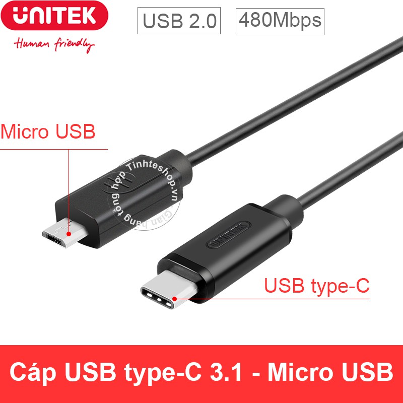 Dây USB type-C chuyển sang Micro USB sạc và dữ liệu từ Máy tính ra Smartphone Tablet 1 mét UNITEK Y-C473BK