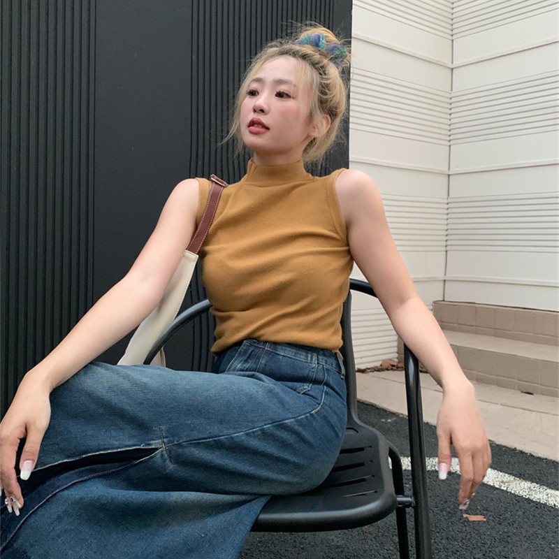 Áo Dệt Kim Sát Nách Cổ Cao Thời Trang Mùa Thu Cho Nữ