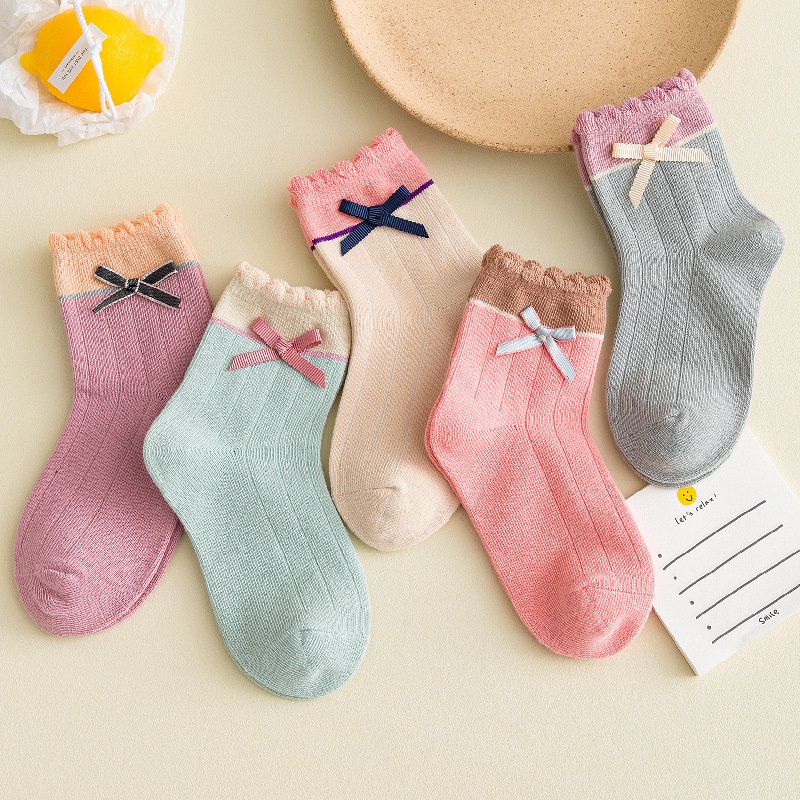 Set 5 Đôi Vớ Cotton Phối Nơ Xinh Xắn Dành Cho Bé Gái