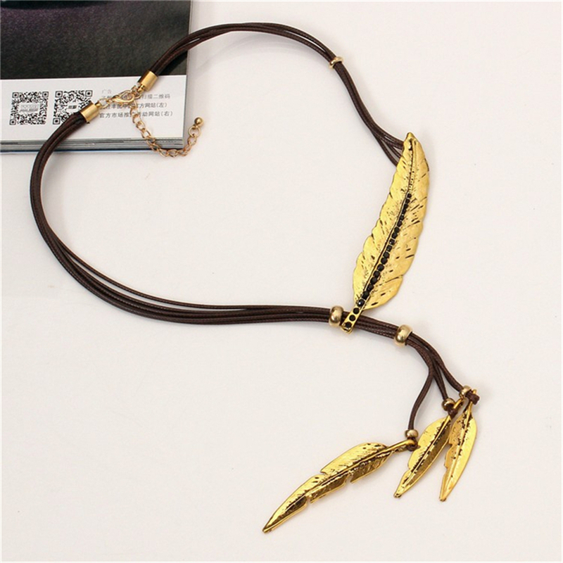【dayday】Women Vintage Bronze Rope Chain Feather Pendant Choker Chunky Statemen