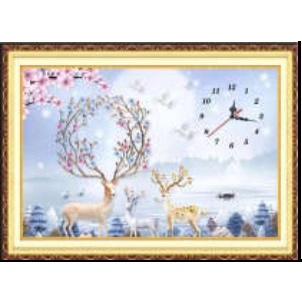 tranh thêu chữ thập đồng hồ hươu tài lộc E194 - 60x45cm
