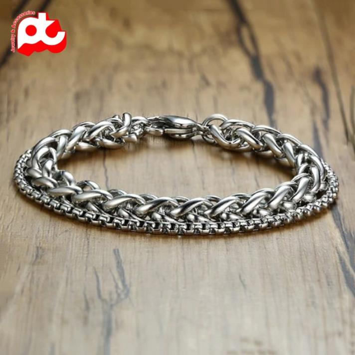 Lắc tay nam titan cao cấp rẻ đẹp sợi dừa thời trang 2 sợi cá tính thép không gỉ PT JEWELRY màu trắng PTLTNA09