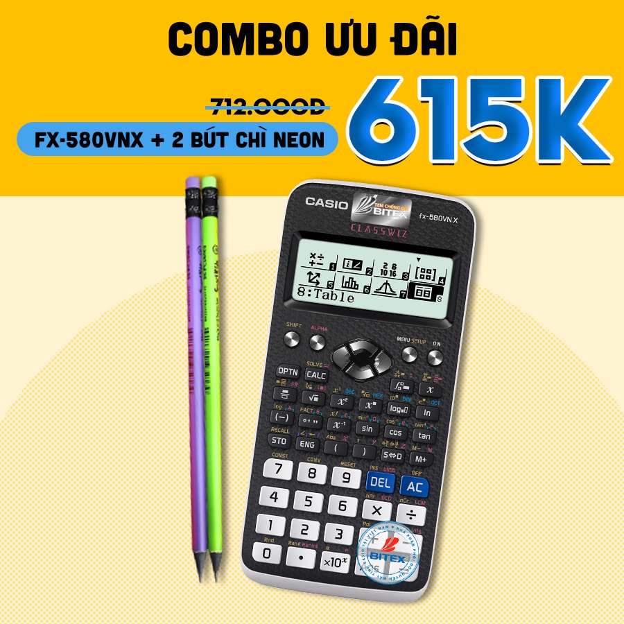 Máy tính Casio Fx-580VNX kèm 2 bút chì 2B Neon Gỗ đen