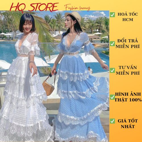 Đầm maxi đi biển nối tầng cổ tim đan, váy voan phối ren tay lỡ dáng dài 2 màu kèm hình thật - Maxi HQ store