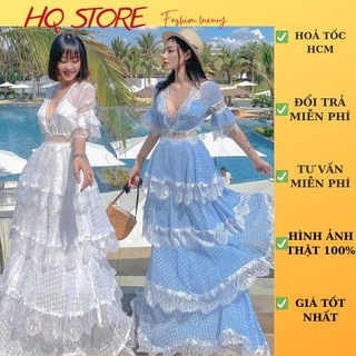 Đầm maxi đi biển nối tầng cổ tim đan, váy voan phối ren tay lỡ dáng dài 2 màu kèm hình thật - Maxi HQ store