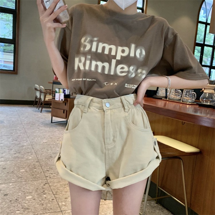 Quần shorts nữ kaki jean cạp cao, quần shorts ống rộng sắn gấu_C40