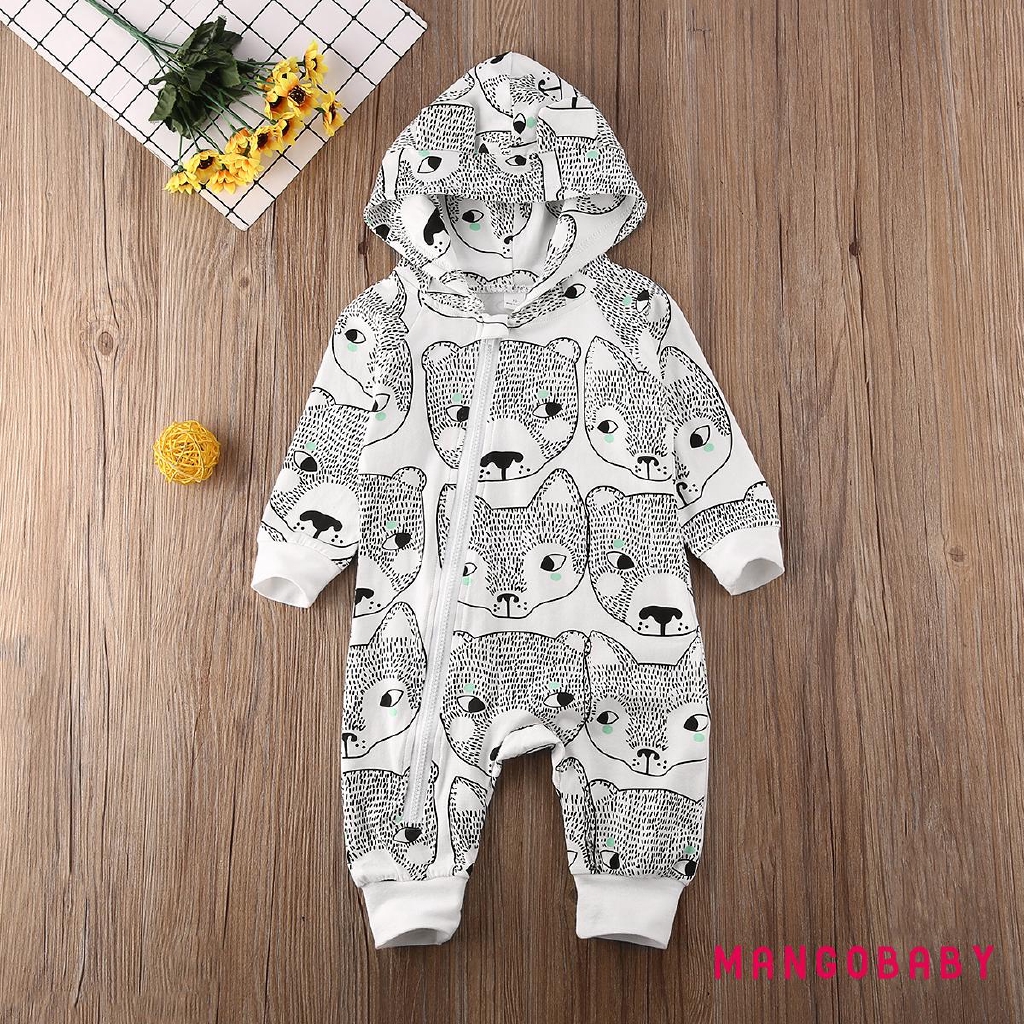 Áo Liền Quần Dài Tay Có Mũ In Hình Chú Cáo Dễ Thương Cho Bé