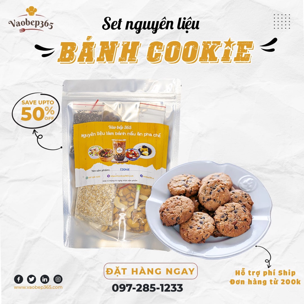 Set nguyên liệu bánh Cookie không cần máy đánh trứng thành phẩm 500g Vào Bếp 365