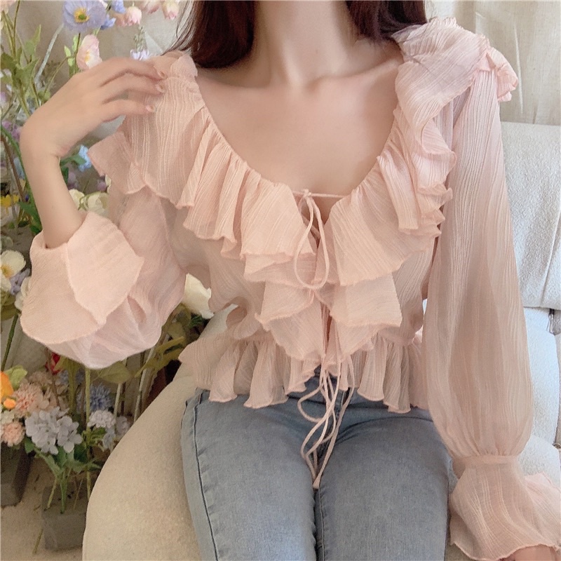 Áo tay dài tiểu thư cổ V viền bèo dây ngực kiểu bánh bèo phong cách VINTAGE 2022