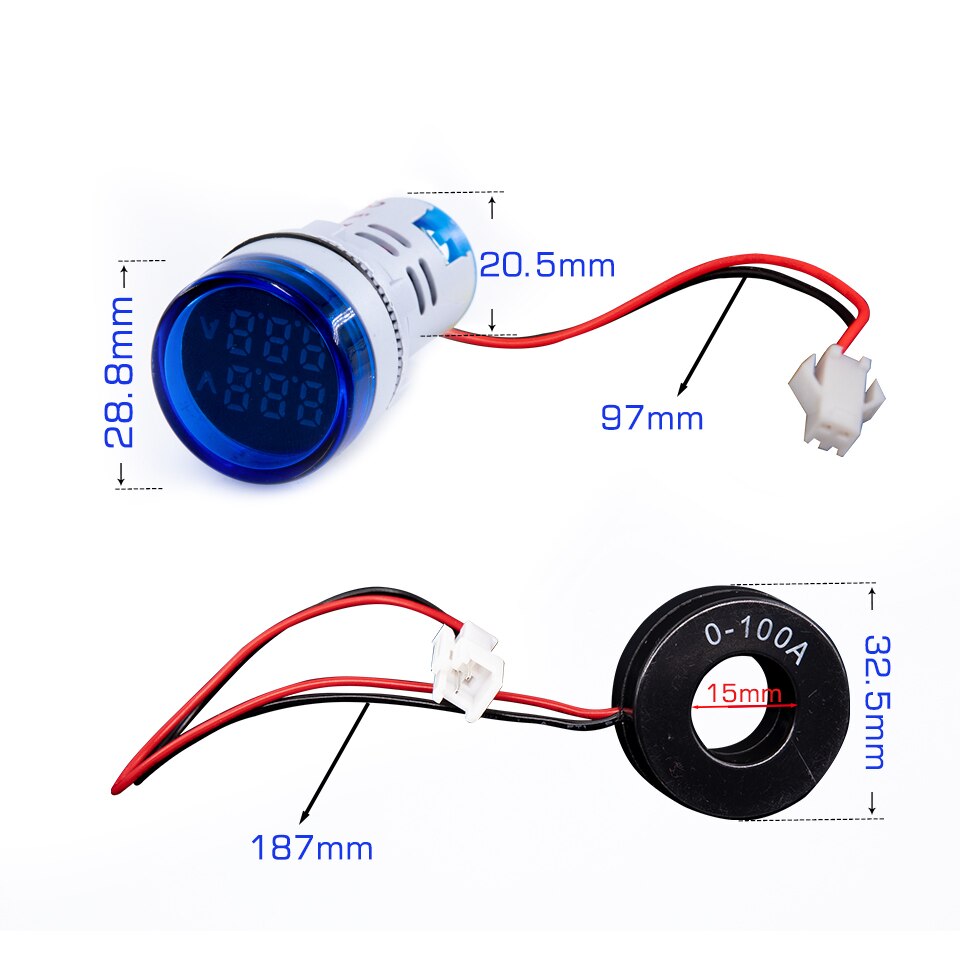 Vôn Kế Kỹ Thuật Số 22mm AC 50-500V 0-100A Có Đèn LED