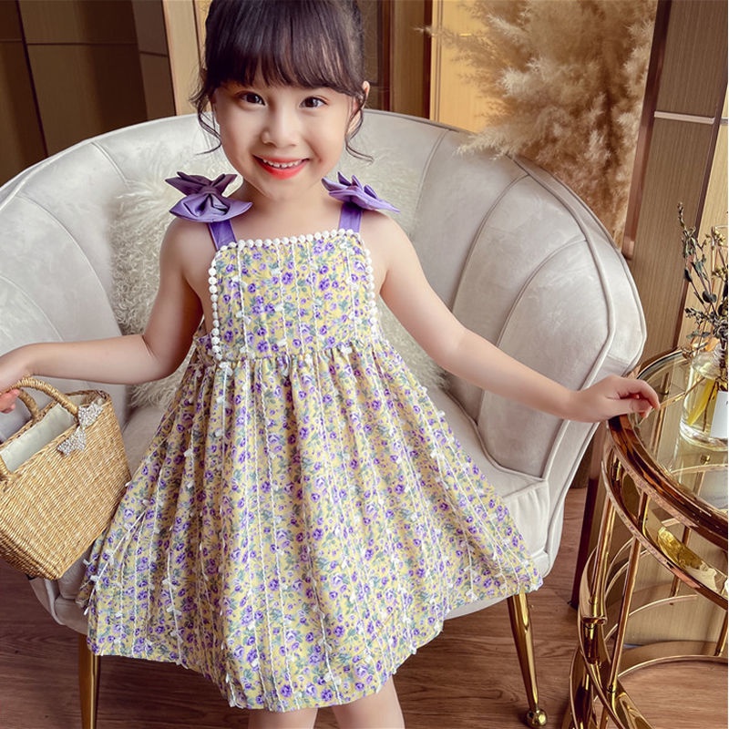 Đầm Hoa Hai Dây Đính Nơ Phong Cách Phương Tây Thời Trang Mùa Hè Hàng Mới Dành Cho Bé Gái