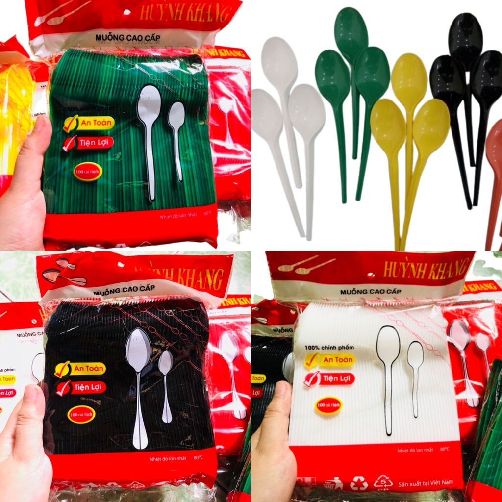 100 cái Thìa muỗng dùng 1 lần 15cm nhựa nhỏ xanh, đen, trắng, trong suốt, xanh lá, vàng HK ăn chè, trà sữa