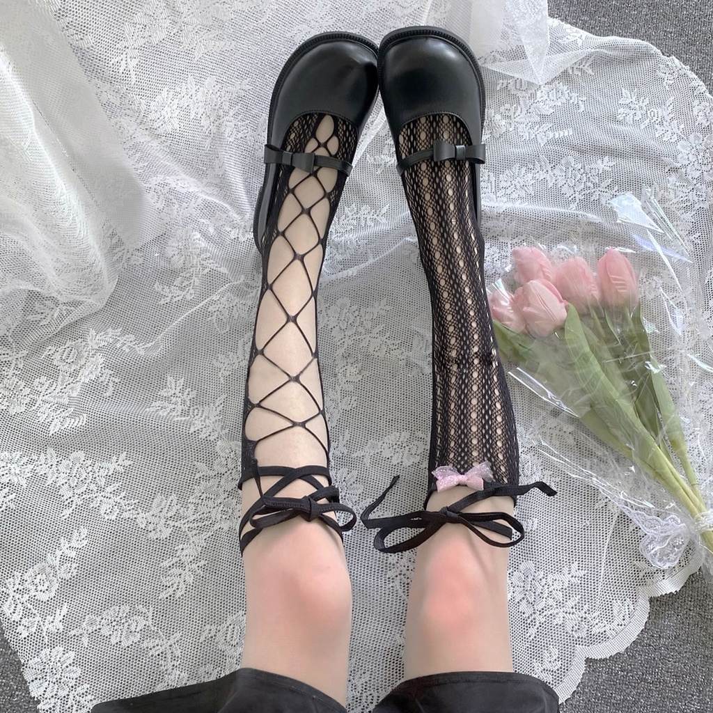 Tất Lưới Ulzzang Phong Cách Lolita, Vớ Có Băng Ren Jk Bắt Chéo Chân Ngang Gối Đen Trắng- Vintage Hàn Quốc -Iclassy_shoes