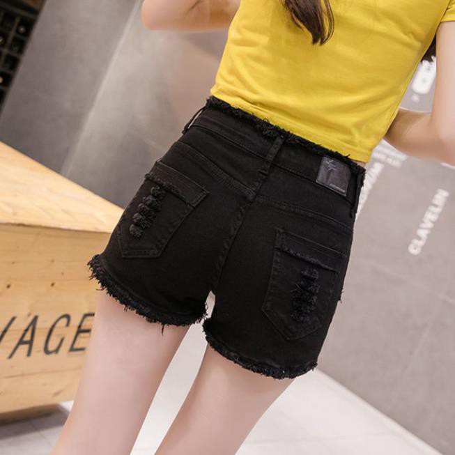 Quần jean✘⊕Thun ôm lưng trung mùa hè co giãn cao Quần short denim nữ màu trắng hot với viền thô và lỗ đen  ྇