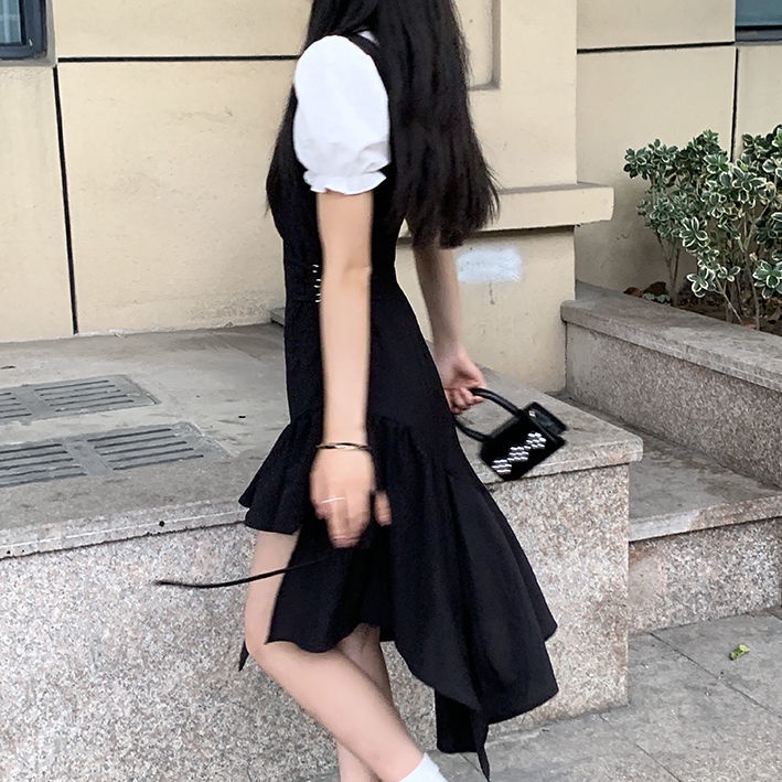 Đầm Dài Vừa Màu Đen Giả Hai Lớp Phong Cách retro Pháp Cổ Điển Dành Cho Nữ