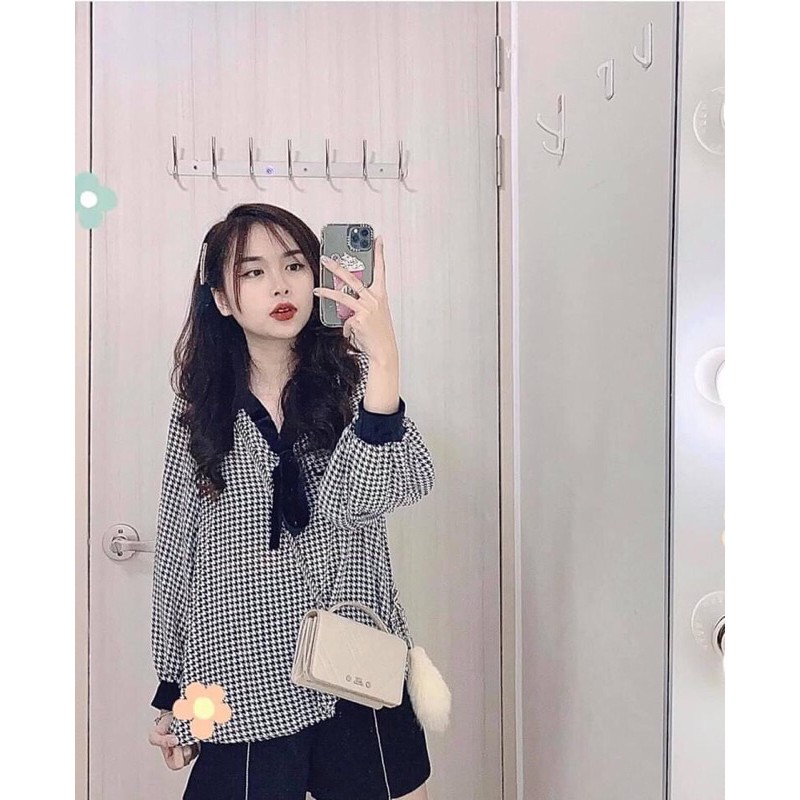 Bán sỉ sơ mi kẻ nơ đen cho nữ