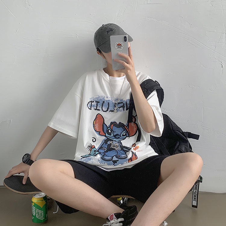 Áo thun chuột Stitch nam nữ unisex tay lỡ cổ tròn cotton trắng đen basic -Áo phông đôi trơn mỹ đẹp phom rộng oversize