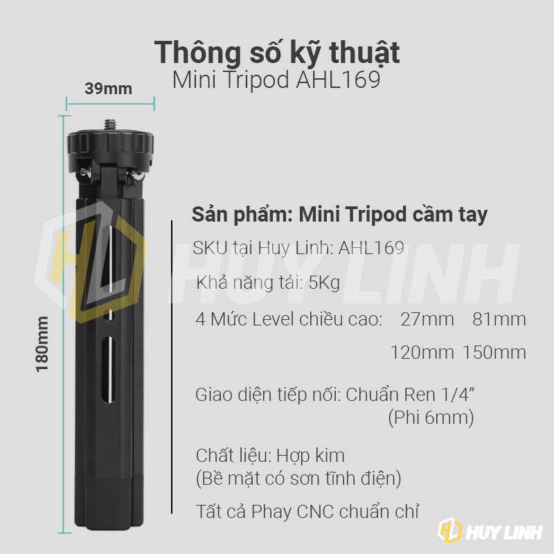 Tripod mini Andoer AHL169 full kim loại gấp gọn thông minh đầu chuyển 1/4 inch tải 5kg Webcam, Camera, DSLR. Máy chiếu
