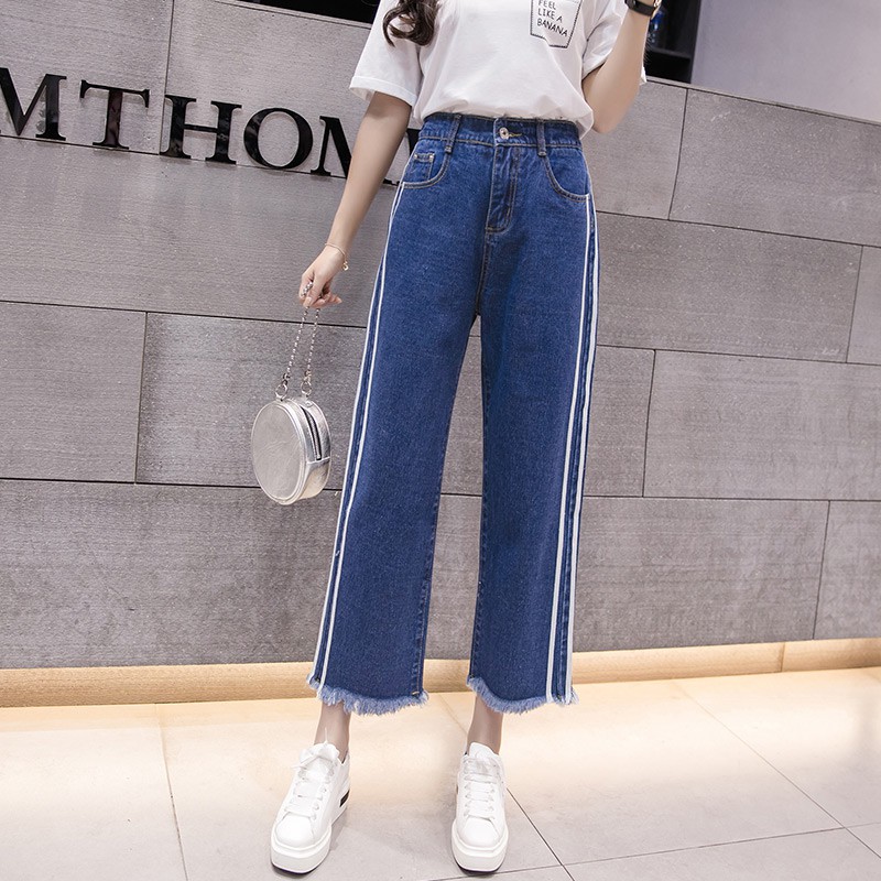 Quần Jeans Nữ Ống Rộng Phối Sọc Cao Cấp OHS3042