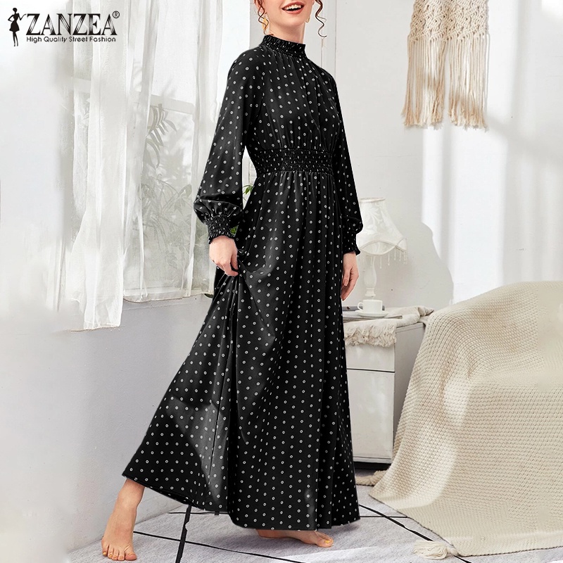 Đầm dài ZANZEA cổ đứng hoạ tiết chấm bi phong cách cổ điển dành cho nữ ZANZE