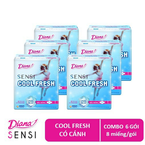 Bộ 6 gói Băng vệ sinh Diana SenSi Cool Fresh siêu mỏng cánh gói 8 miếng