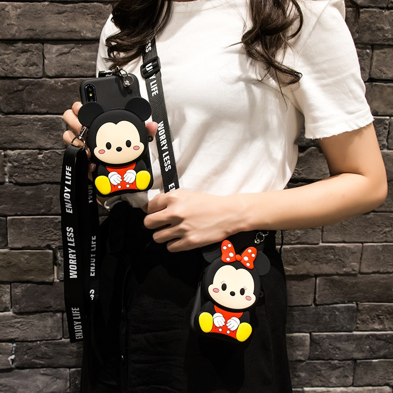 Samsung S10 S10PLUS S7edge S21Ultra S21+ A6 A8 2018 A6Plus A6+ A8Plus A8+ A12 A42 A02S A01Core A21S A31 A11 Cartoon Mickey silicone wallet mobile phone case Cute Minnie backpack mobile phone case Sling strap pocket mobile phone anti dropping shell