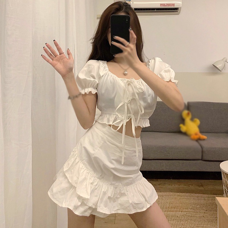 Set Áo Kiểu Hở Rốn Phối Chân Váy Ôm Dáng Thời Trang Hè Trẻ Trung Cho Nữ