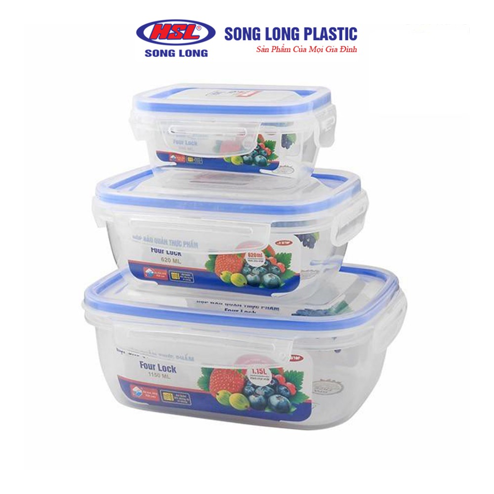 Bộ 3 hộp đựng bảo quản thực phẩm 1150ml, 620ml, 250ml nhựa Song Long Plastic Four Lock cao cấp - 2508