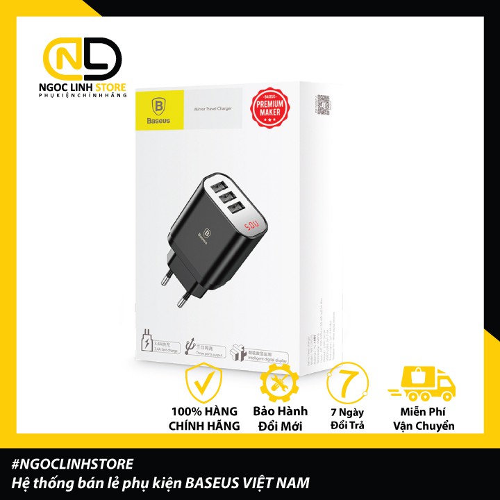 Bộ sạc du lịch thông minh Baseus Mirror Lake Bộ sạc treo tường với màn hình điện áp / nguồn 3x USB 3.4A