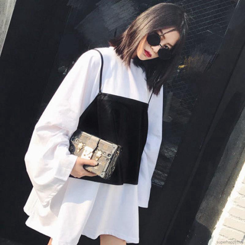 Set 2 món gồm áo kiểu tay ống rộng màu trắng + áo 2 dây màu đen bằng da pu cho nữ