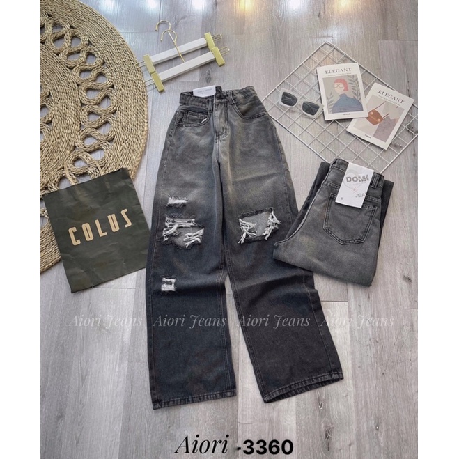 Quần Jeans Nữ, Quần Suông Jeans Ống Rộng Rách Gối Màu Xám, Chất Jeans Cotton Cực Xịn Vải Thoáng Mát, Mềm Mịn, Mã 3360