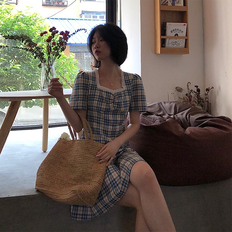 Xiaozhainv Đầm tay phồng ngắn cổ vuông họa tiết sọc caro thời trang Hàn Quốc dành cho bạn nữ