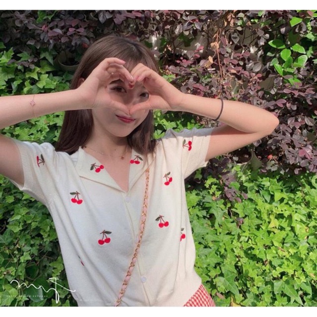 [Mã FASHIONT4WA2 giảm 10K đơn 50K] Áo len mông cộc tay cổ V quả cherry (thêu) (1501#) | BigBuy360 - bigbuy360.vn