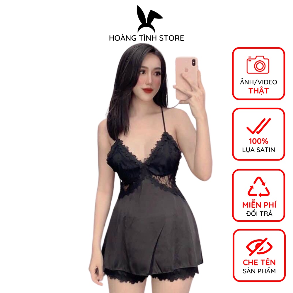 Đồ ngủ sexy 2 dây chéo lưng phối ren gợi cảm Hoàng Tình Store lụa satin cao cấp mềm mịn mặc nhà thoáng mát Freesize