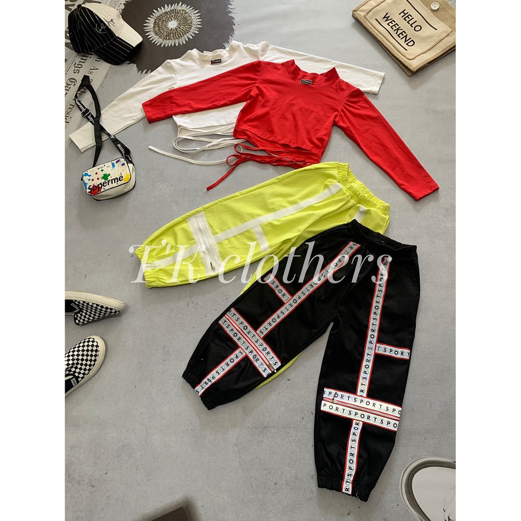 BỘ THỂ THAO ÁO CỘT DÂY THUN COTTON QUẦN KAKI VIỀN DẠ QUANG NỔI TÚI HỘP BÉ GÁI CÁ TÍNH