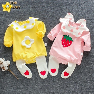 Bộ Áo Liền Thân + Quần Dài In Hình Dâu Tây Dễ Thương Cho Trẻ Sơ Sinh