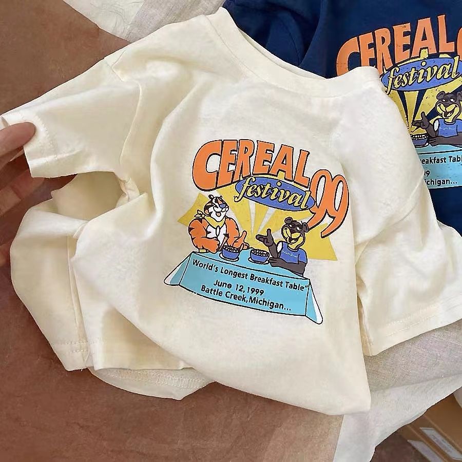 Áo Thun Cotton Ngắn Tay Cổ Tròn In Chữ Hoạt Hình Thời Trang Mùa Hè Dành Cho Trẻ 48 Tiếng